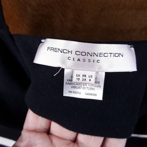 FRENCH CONNECTION Fit Flare Dress Womens Size 6 Black Stripe Cut Out Pleated - Picture 2 of 8